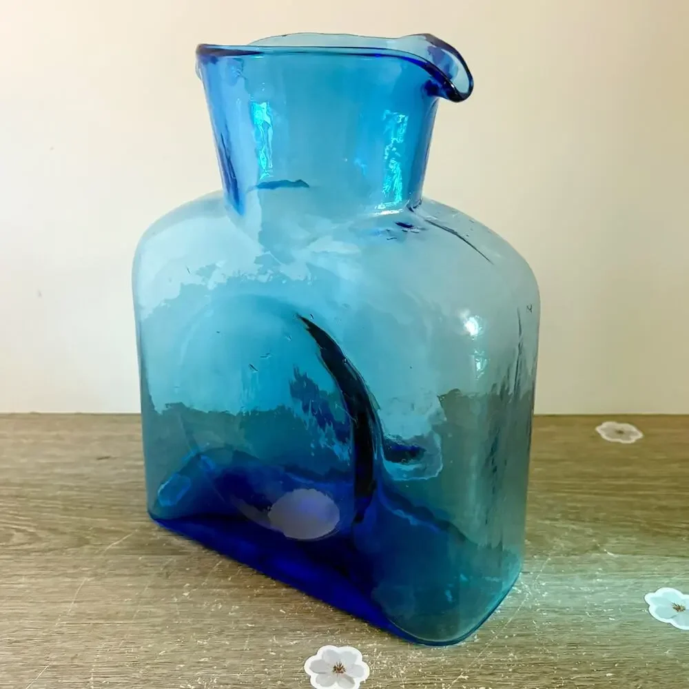 Vintage Blenko Art Glass Azure Blue Double Spout Water Bottle Pitcher Carafe 8